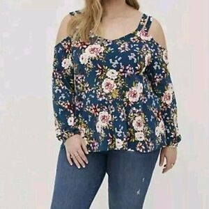 Torrid Womens Size 3 Floral Double Strap Cold Shoulder Balloon Sleeve Top Teal